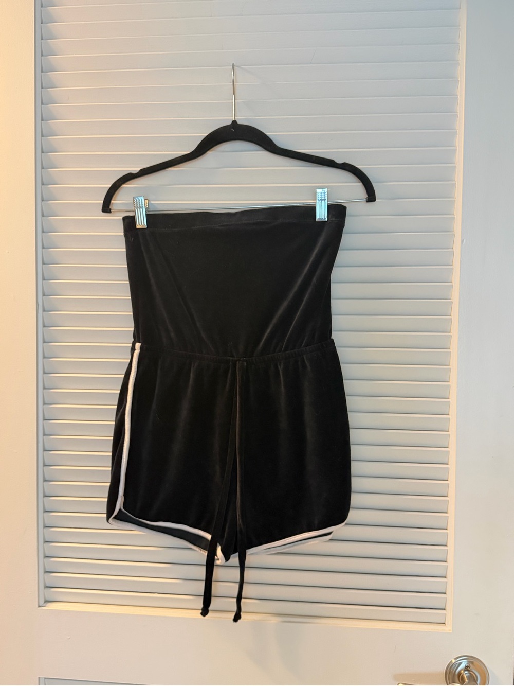 Women’s Black Velvet Strapless Drawstring Jumpsuit
